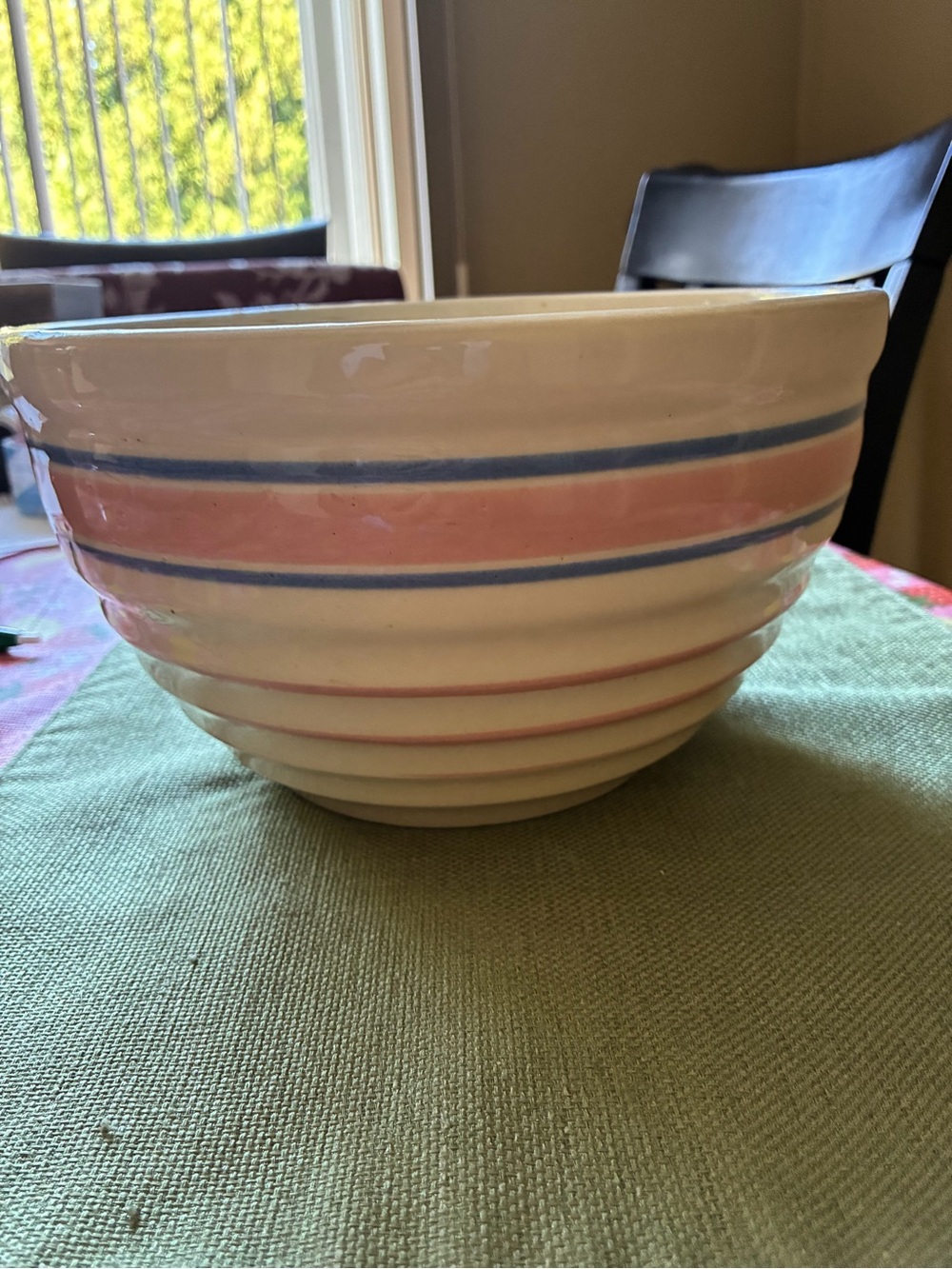 Vintage Cream Ceramic Mixing Bowl with Pink and Blue Stripes